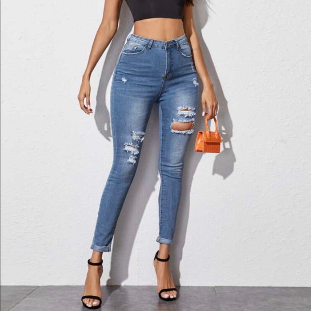 High Waist High Stretch Ripped Skinny Jeans